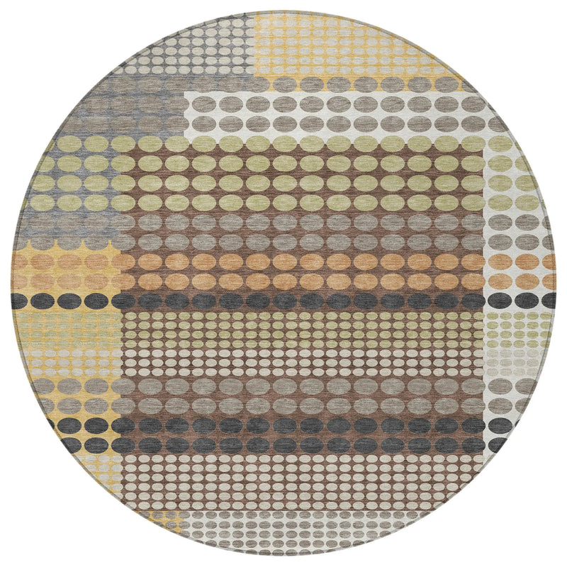 8' Taupe And Gold Round Geometric Washable Indoor Outdoor Area Rug Homeroots Outdoor