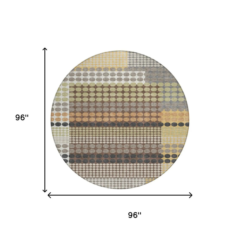8' Taupe And Gold Round Geometric Washable Indoor Outdoor Area Rug Homeroots Outdoor