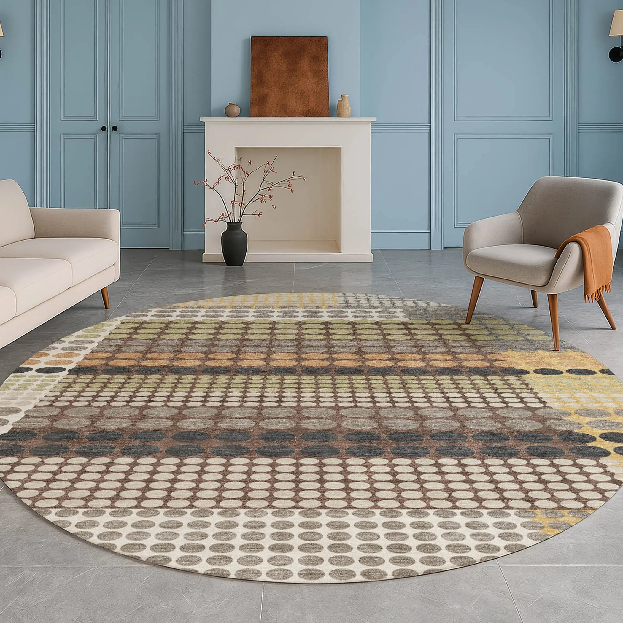 8' Taupe And Gold Round Geometric Washable Indoor Outdoor Area Rug Homeroots Outdoor