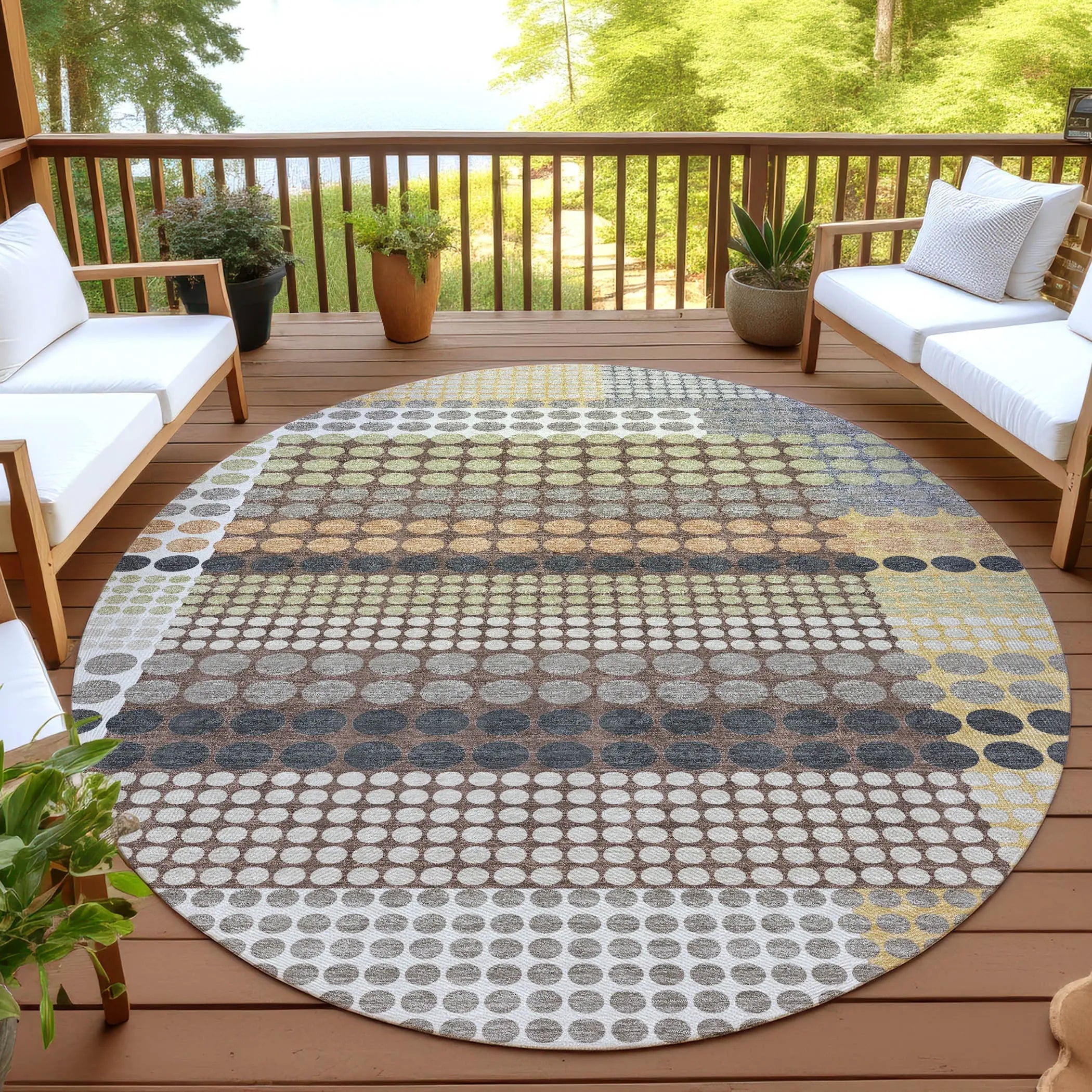 8' Taupe And Gold Round Geometric Washable Indoor Outdoor Area Rug Homeroots Outdoor