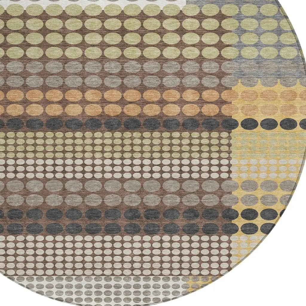 8' Taupe And Gold Round Geometric Washable Indoor Outdoor Area Rug Homeroots Outdoor