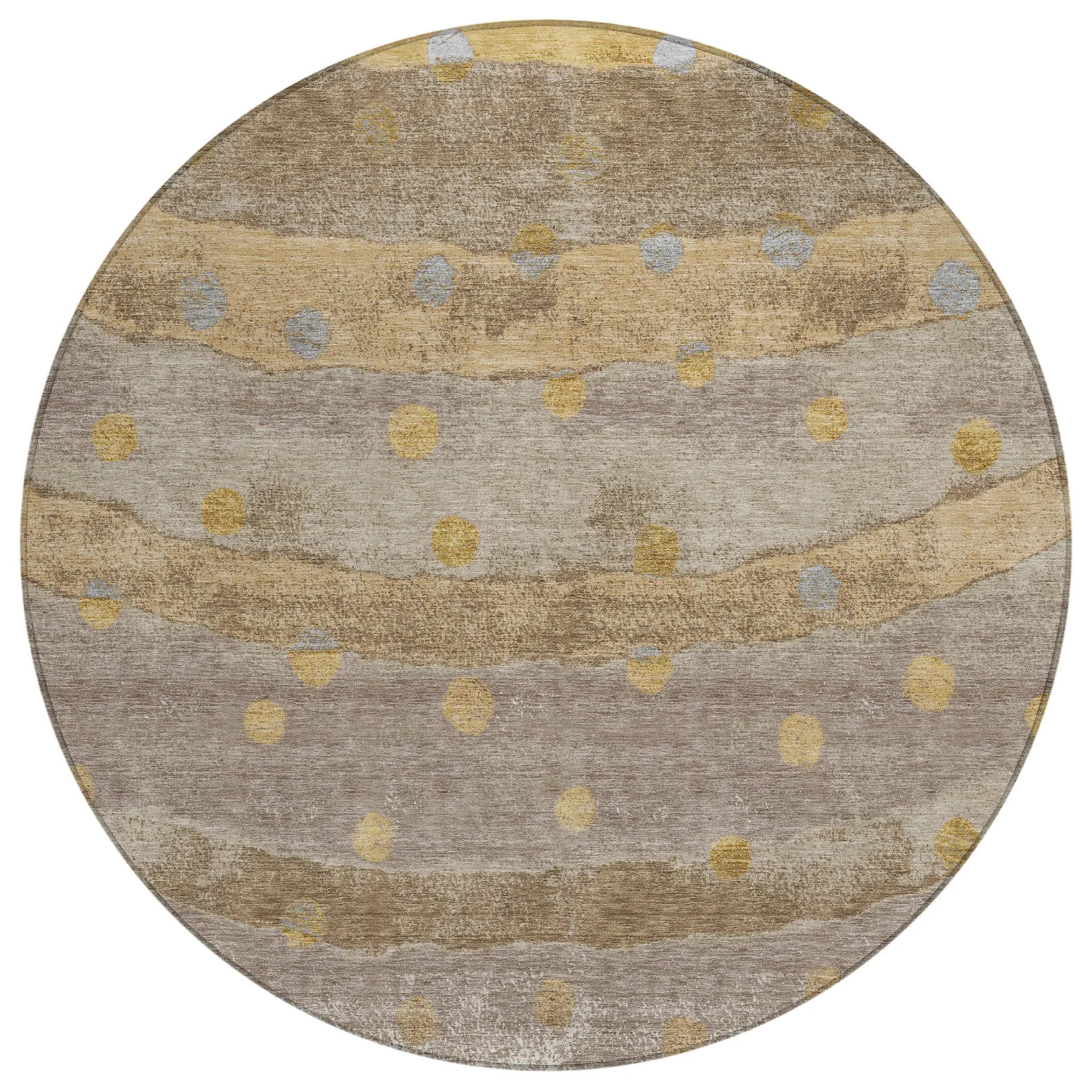 8' Taupe And Gold Round Striped Washable Indoor Outdoor Area Rug Homeroots Outdoor