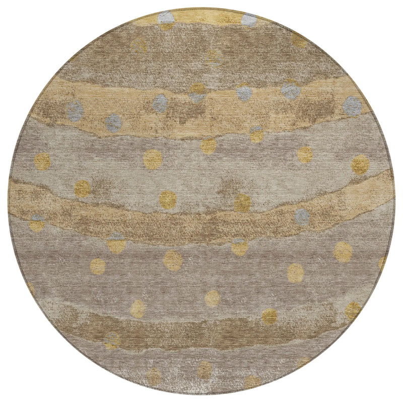 8' Taupe And Gold Round Striped Washable Indoor Outdoor Area Rug Homeroots Outdoor