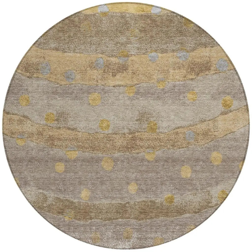 8' Taupe And Gold Round Striped Washable Indoor Outdoor Area Rug Homeroots Outdoor