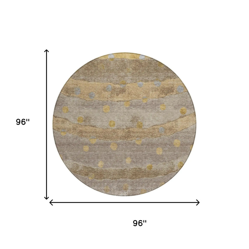 8' Taupe And Gold Round Striped Washable Indoor Outdoor Area Rug Homeroots Outdoor