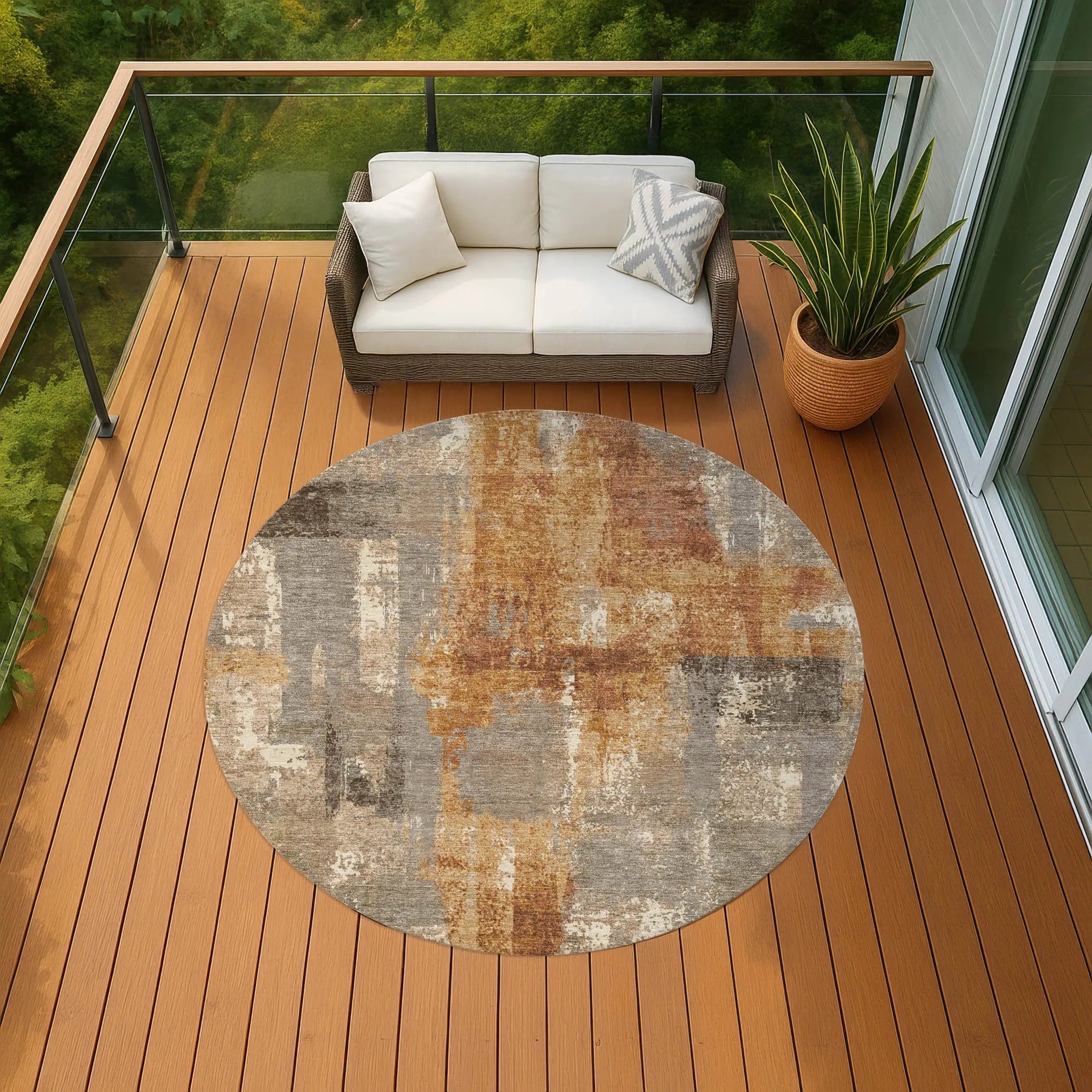 8' Taupe And Gray Round Abstract Washable Indoor Outdoor Area Rug Homeroots Outdoor