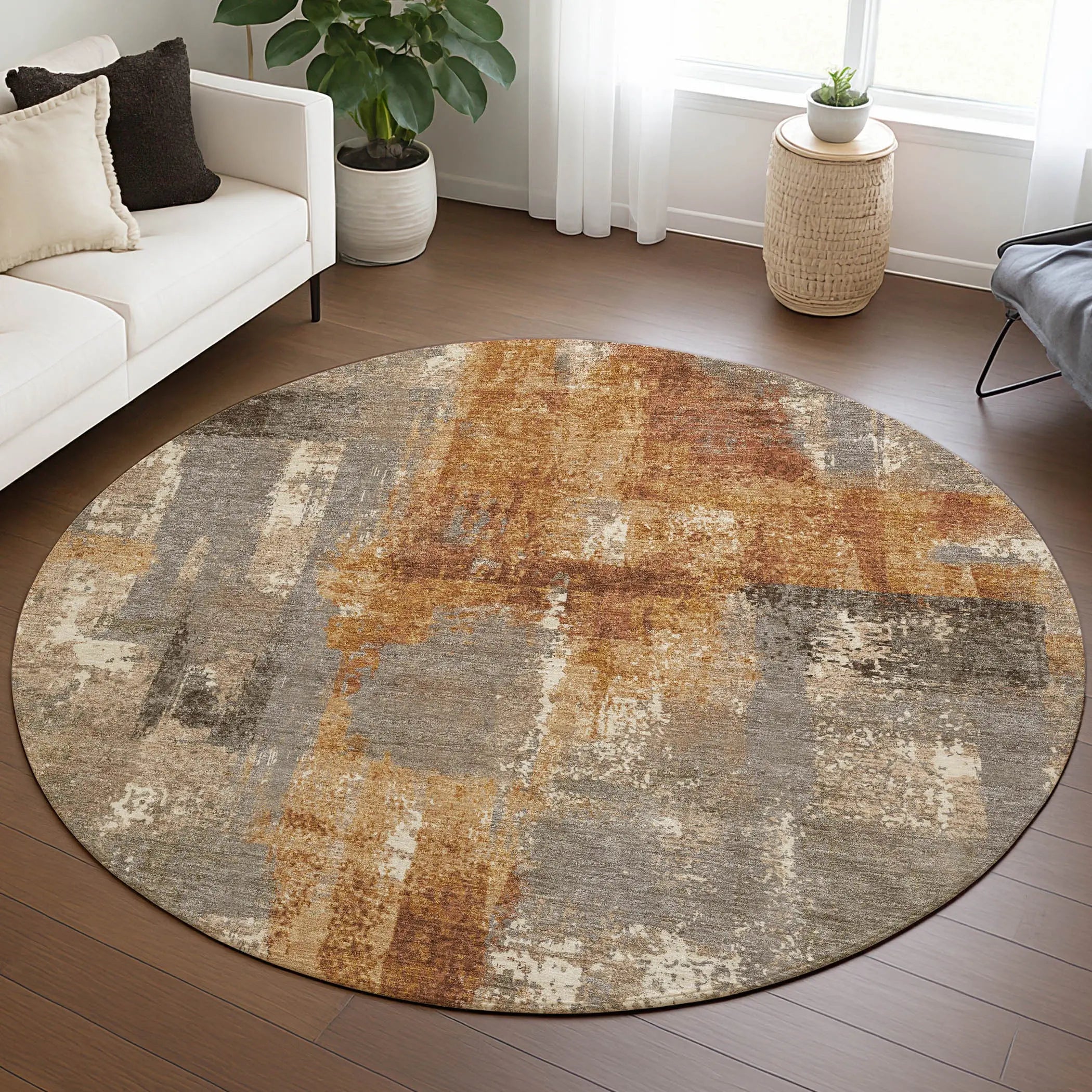 8' Taupe And Gray Round Abstract Washable Indoor Outdoor Area Rug Homeroots Outdoor