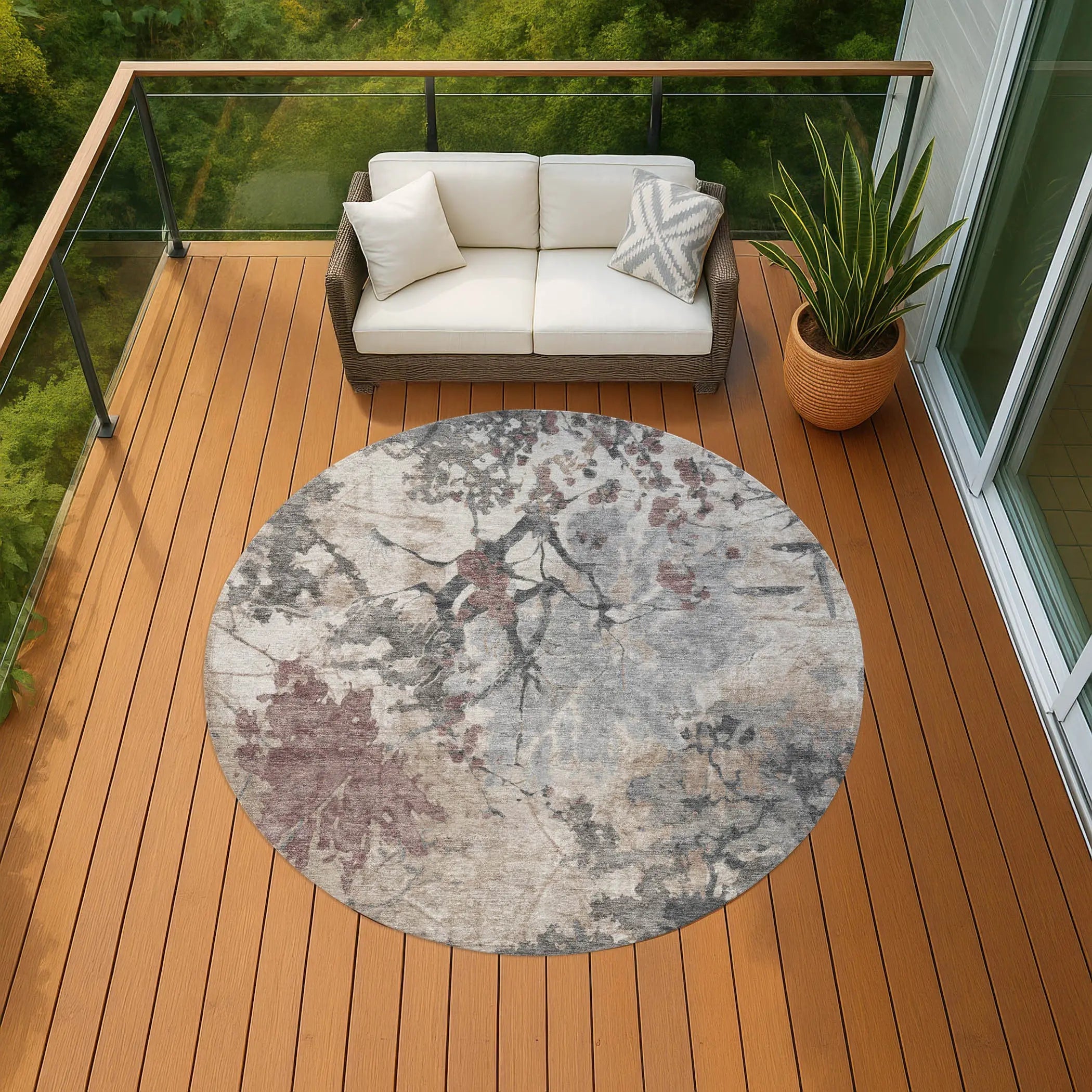 8' Taupe And Green Round Abstract Washable Indoor Outdoor Area Rug Homeroots Outdoor