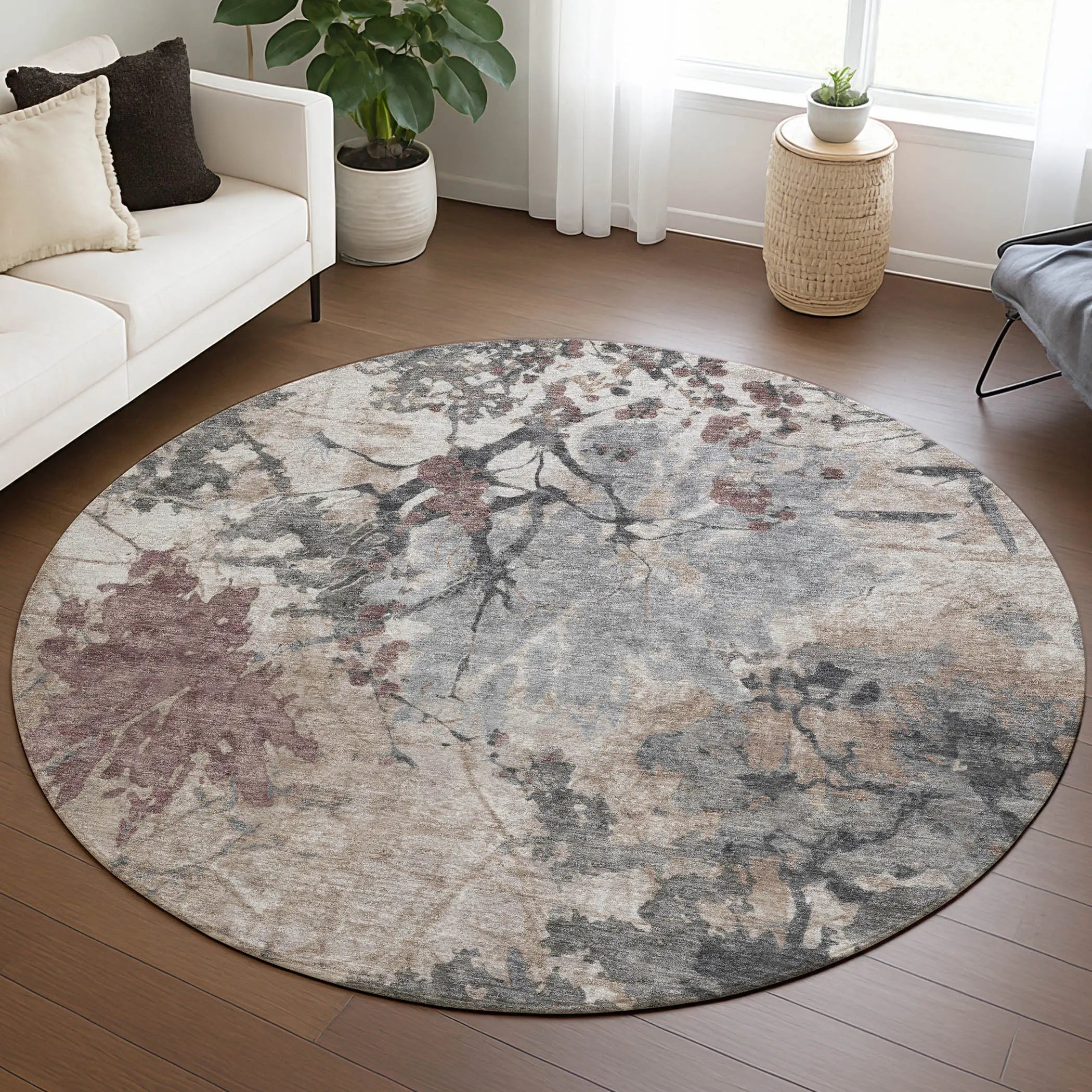 8' Taupe And Green Round Abstract Washable Indoor Outdoor Area Rug Homeroots Outdoor