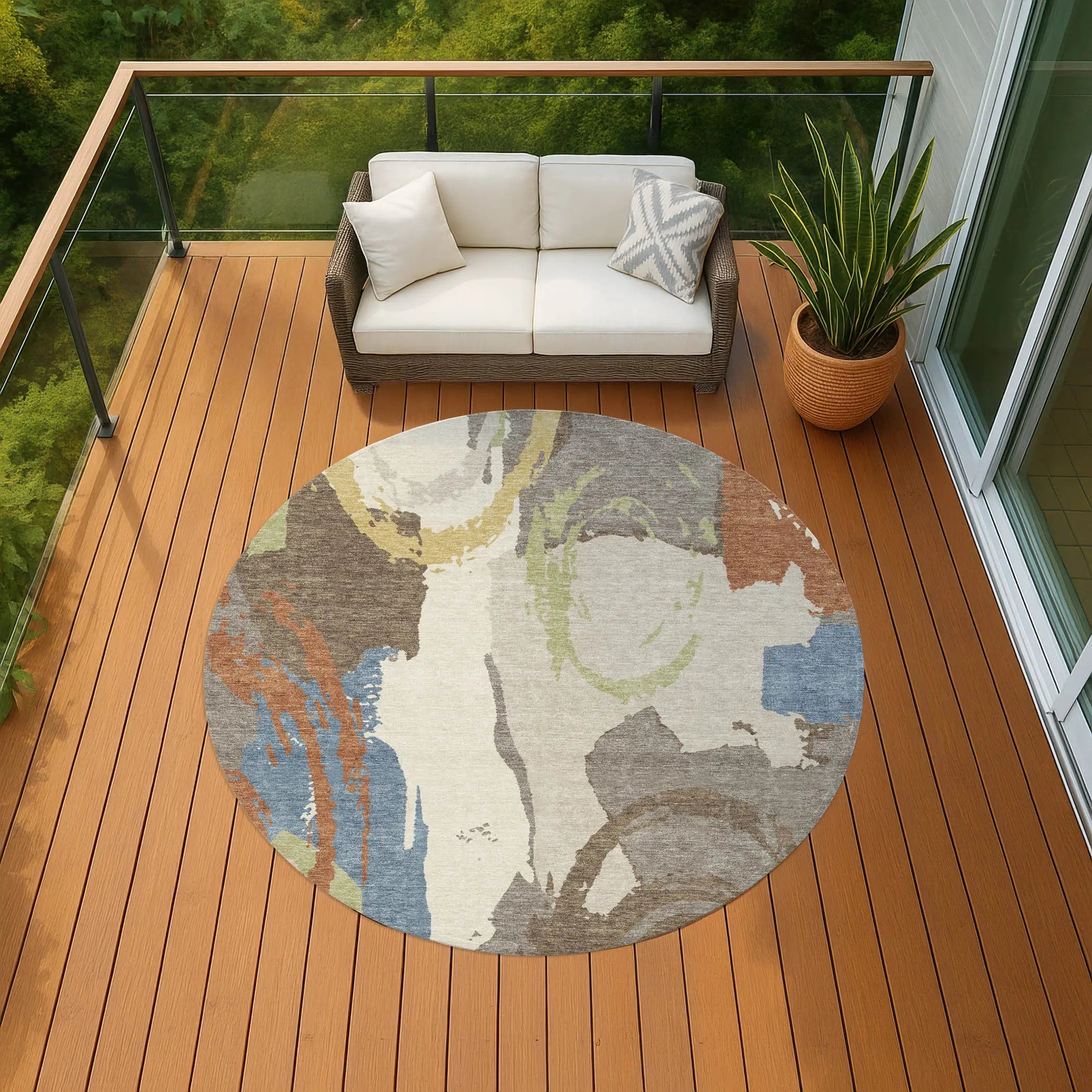 8' Taupe And Ivory Round Abstract Washable Indoor Outdoor Area Rug Homeroots Outdoor
