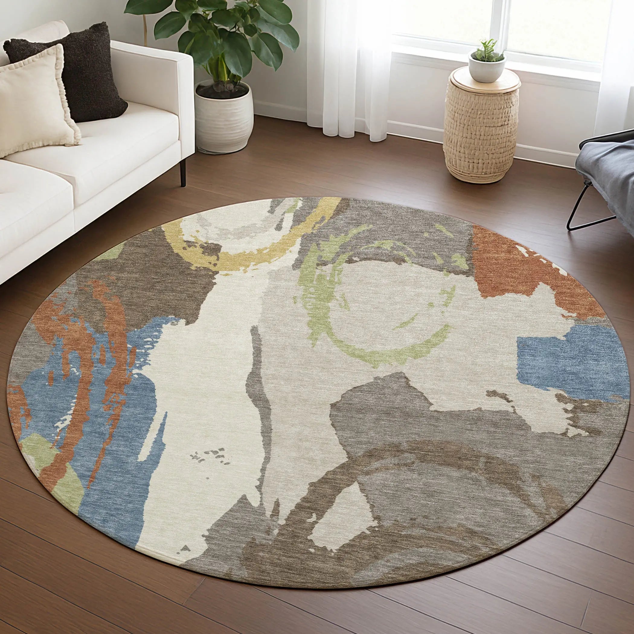8' Taupe And Ivory Round Abstract Washable Indoor Outdoor Area Rug Homeroots Outdoor
