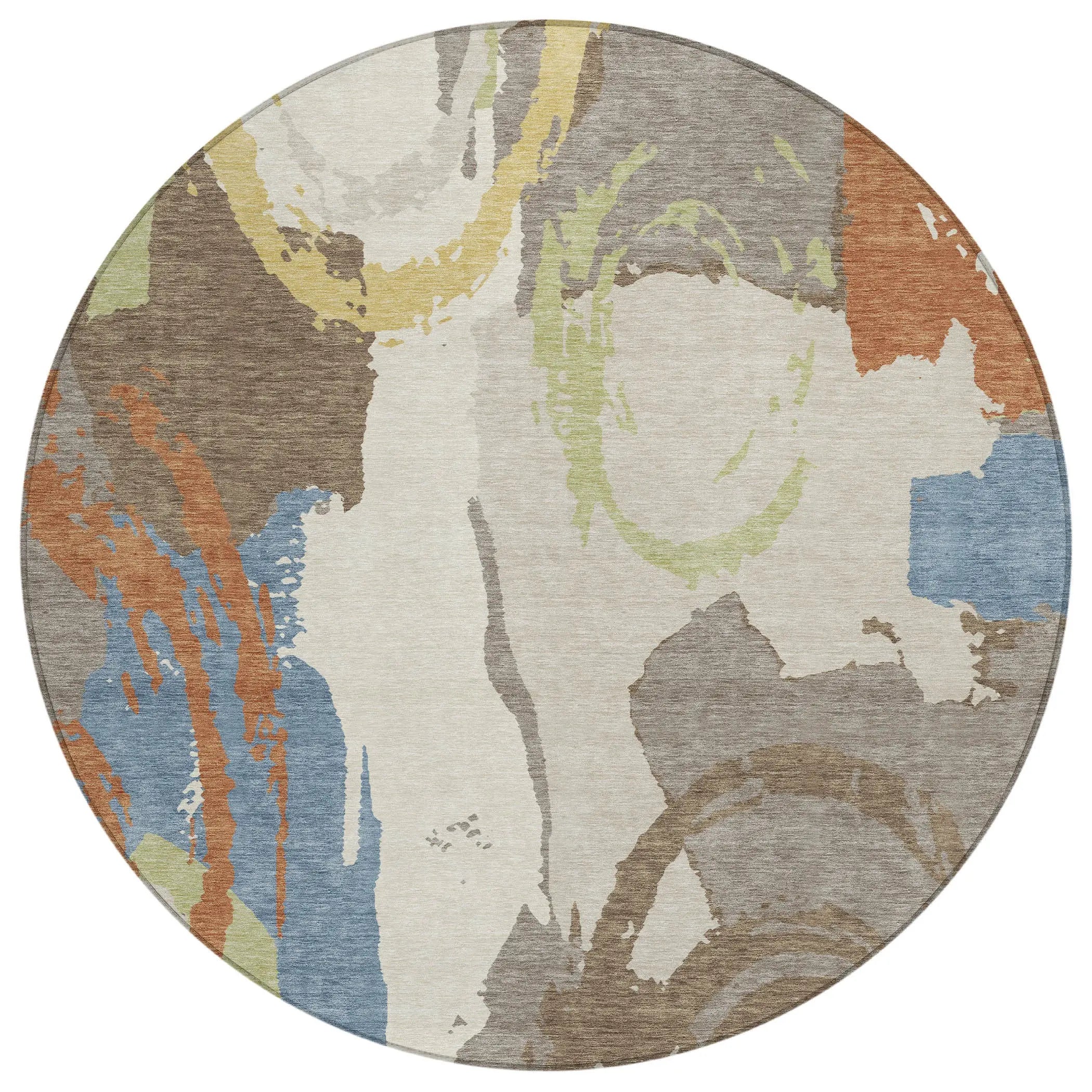 8' Taupe And Ivory Round Abstract Washable Indoor Outdoor Area Rug Homeroots Outdoor
