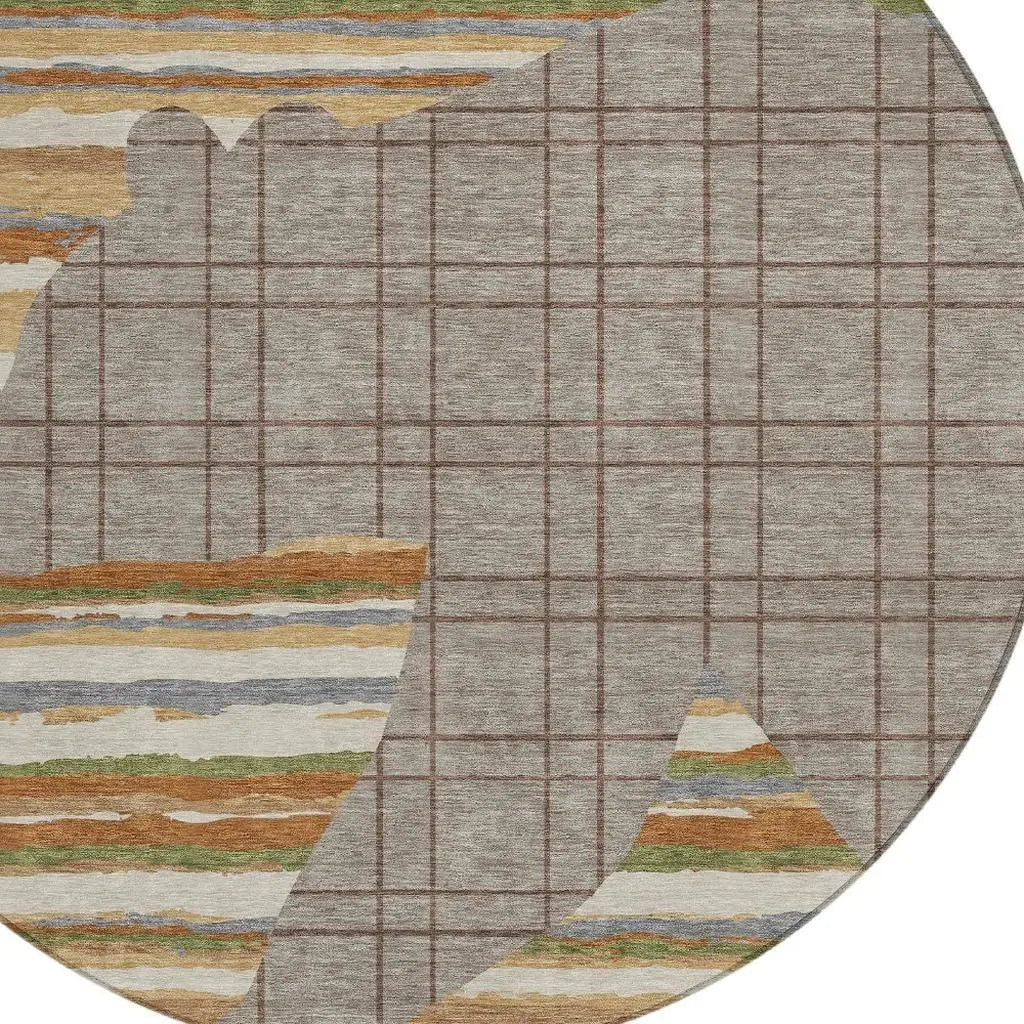 8' Taupe And Ivory Round Abstract Washable Indoor Outdoor Area Rug Homeroots Outdoor