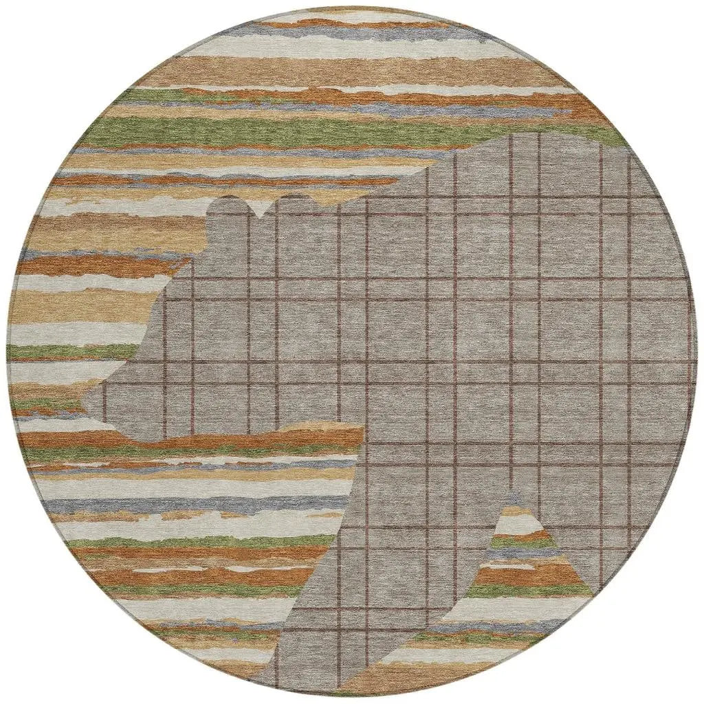 8' Taupe And Ivory Round Abstract Washable Indoor Outdoor Area Rug Homeroots Outdoor