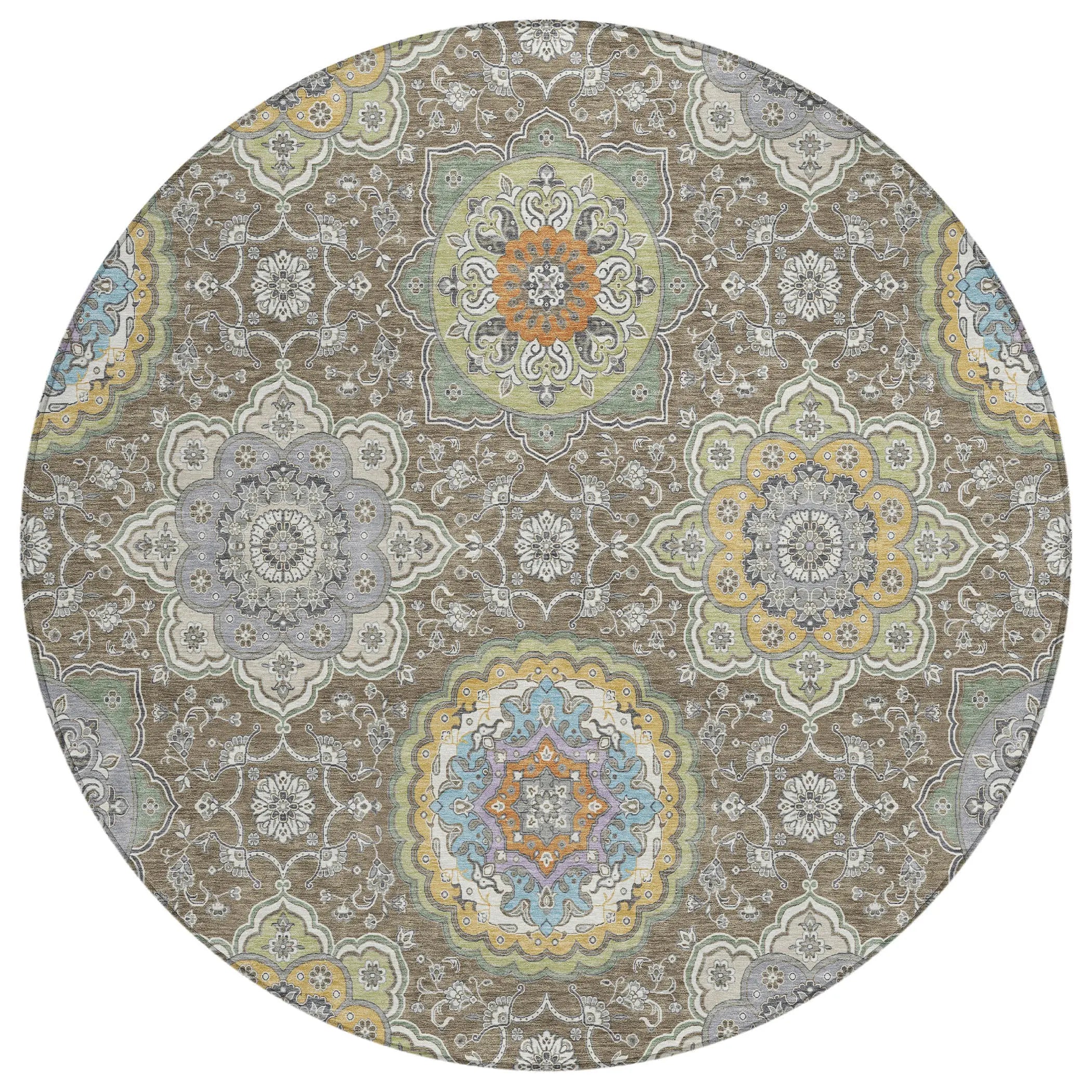 8' Taupe And Ivory Round Floral Medallion Washable Indoor Outdoor Area Rug Homeroots Outdoor