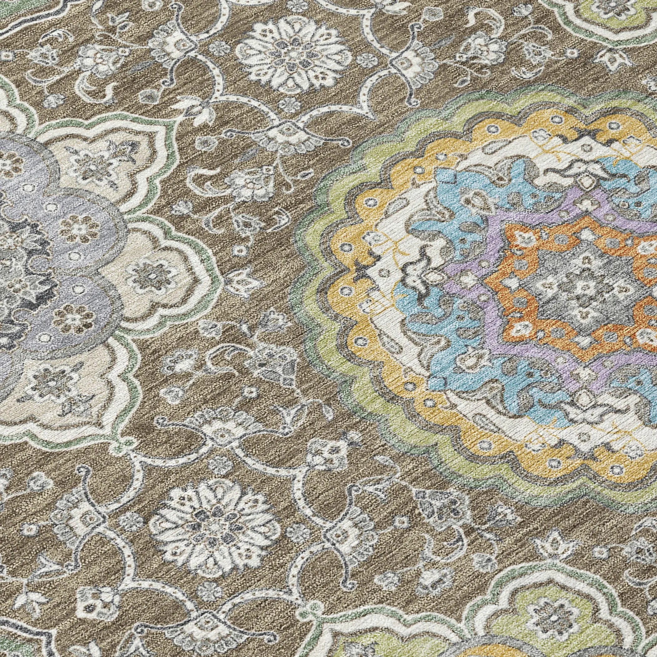 8' Taupe And Ivory Round Floral Medallion Washable Indoor Outdoor Area Rug Homeroots Outdoor