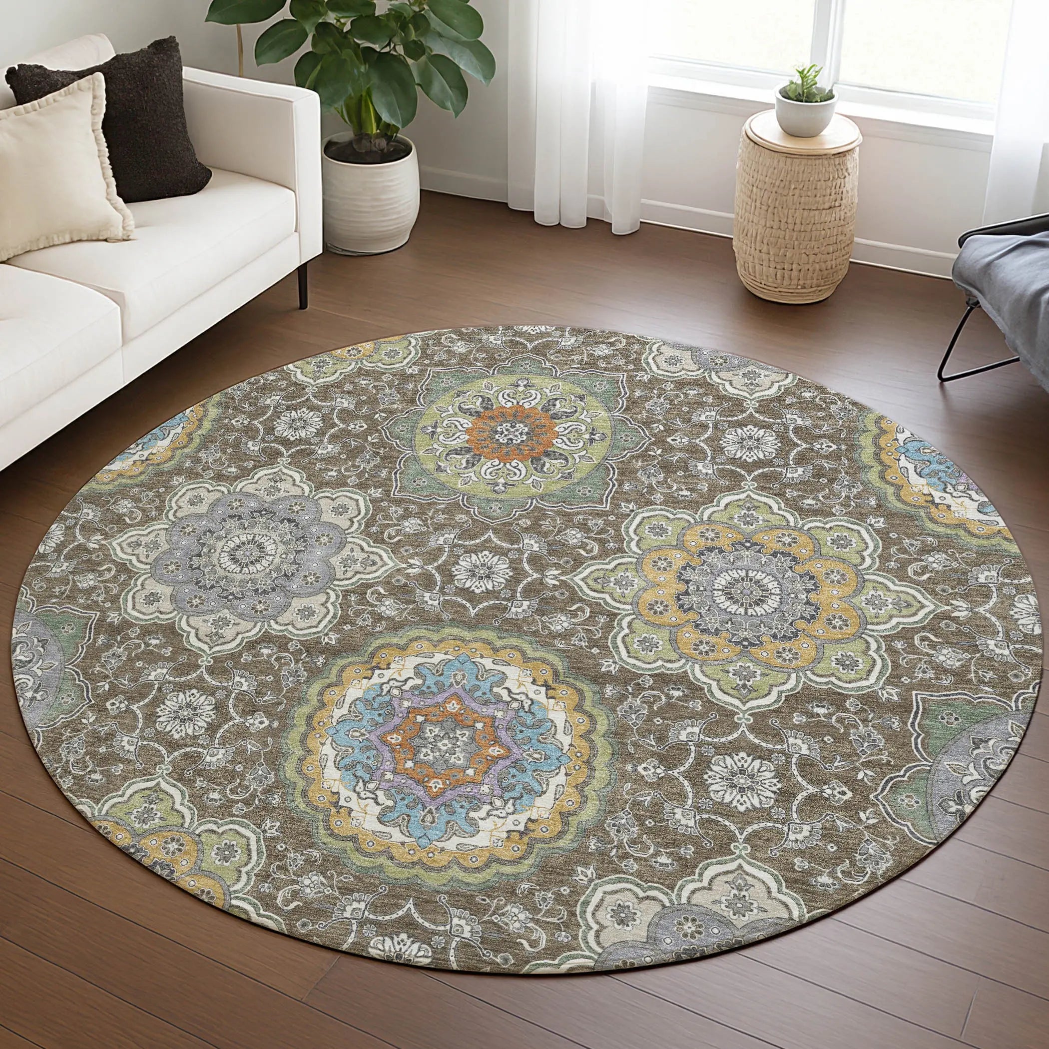8' Taupe And Ivory Round Floral Medallion Washable Indoor Outdoor Area Rug Homeroots Outdoor