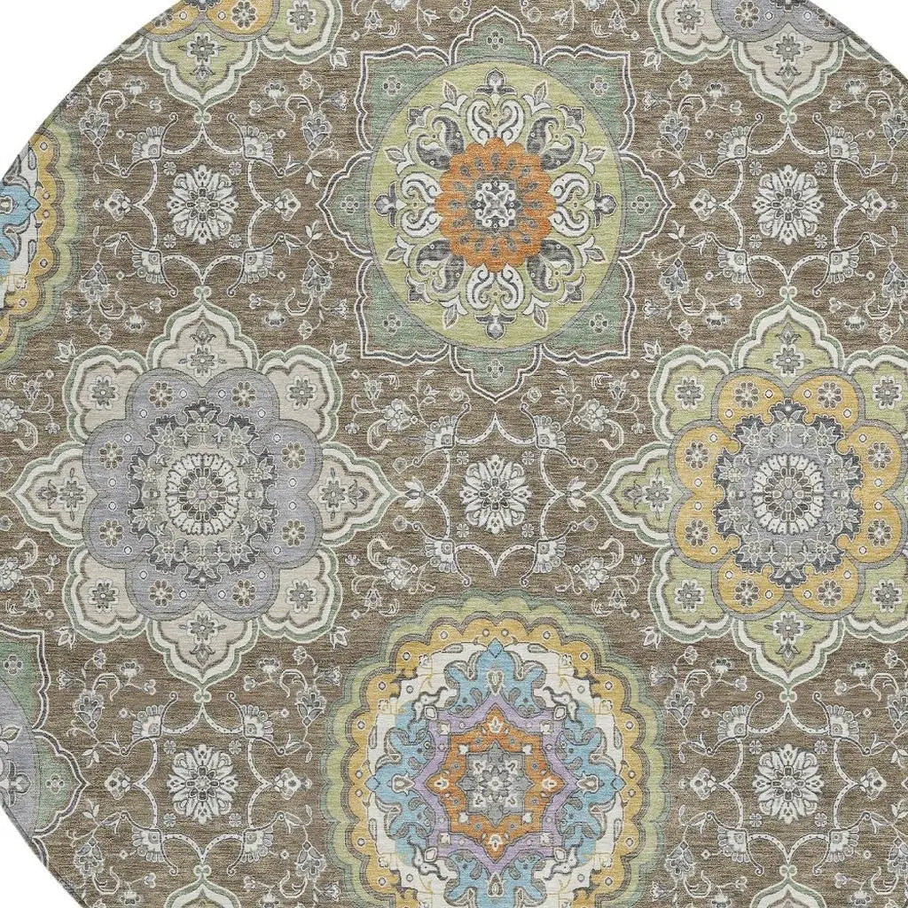 8' Taupe And Ivory Round Floral Medallion Washable Indoor Outdoor Area Rug Homeroots Outdoor
