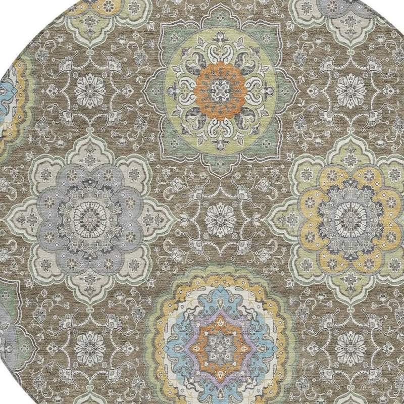 8' Taupe And Ivory Round Floral Medallion Washable Indoor Outdoor Area Rug Homeroots Outdoor
