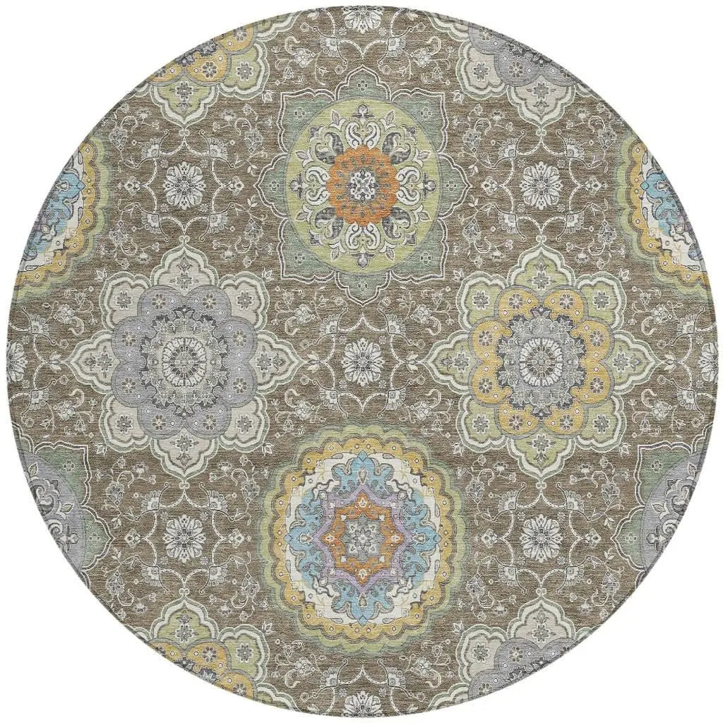 8' Taupe And Ivory Round Floral Medallion Washable Indoor Outdoor Area Rug Homeroots Outdoor