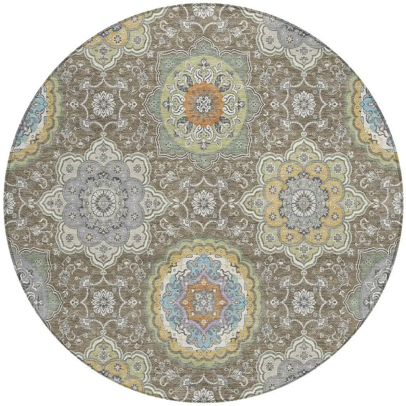 8' Taupe And Ivory Round Floral Medallion Washable Indoor Outdoor Area Rug Homeroots Outdoor