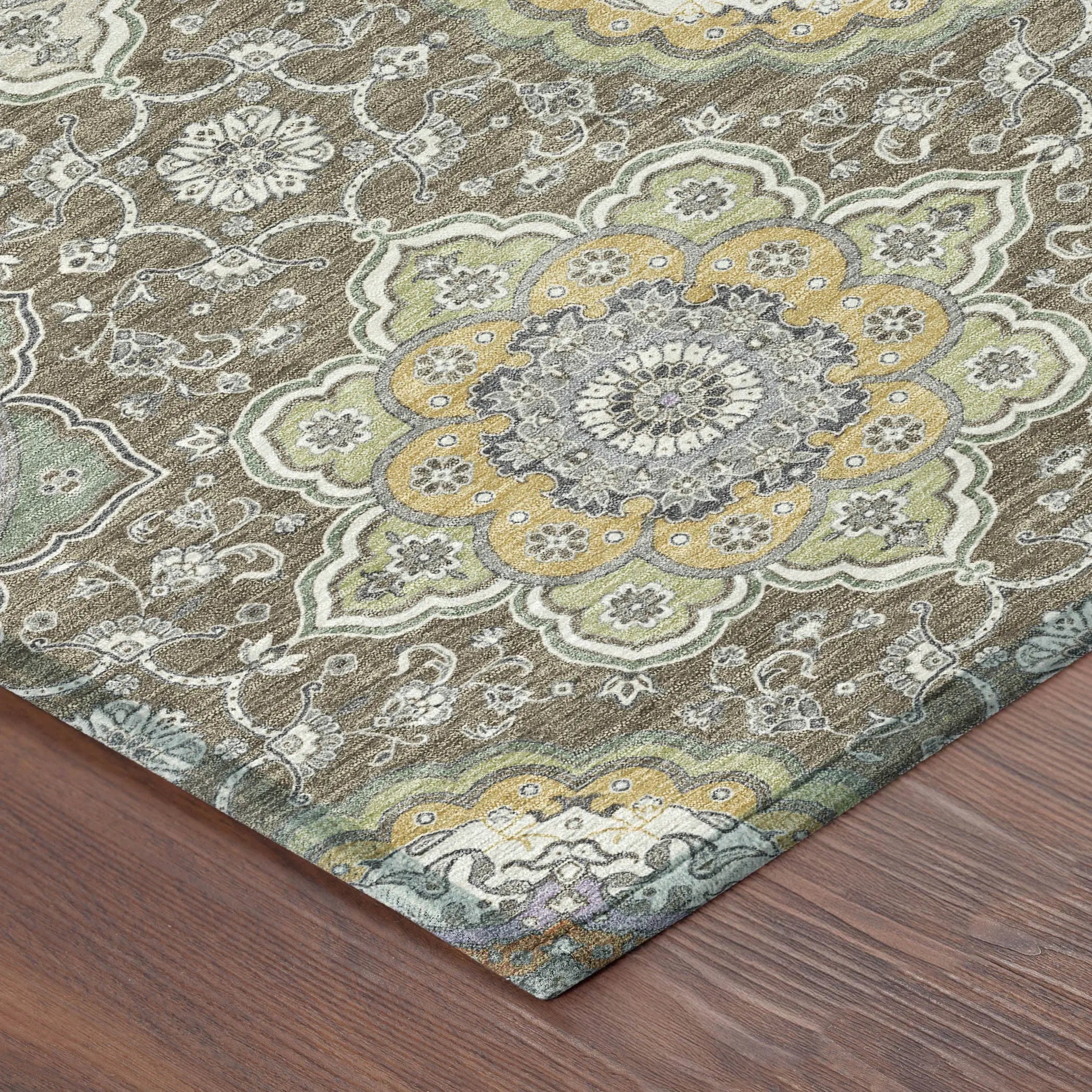 8' Taupe And Ivory Round Floral Medallion Washable Indoor Outdoor Area Rug Homeroots Outdoor