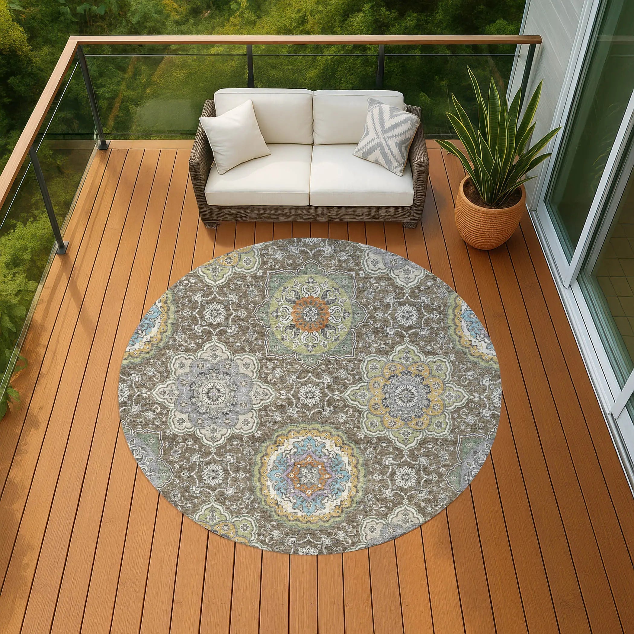 8' Taupe And Ivory Round Floral Medallion Washable Indoor Outdoor Area Rug Homeroots Outdoor