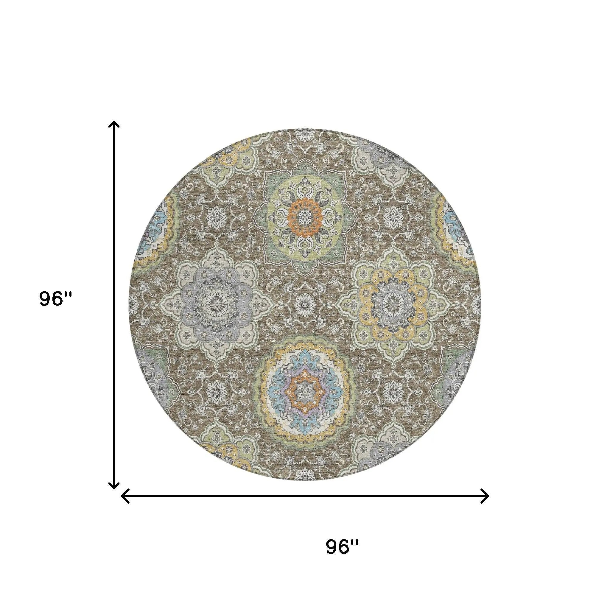 8' Taupe And Ivory Round Floral Medallion Washable Indoor Outdoor Area Rug Homeroots Outdoor