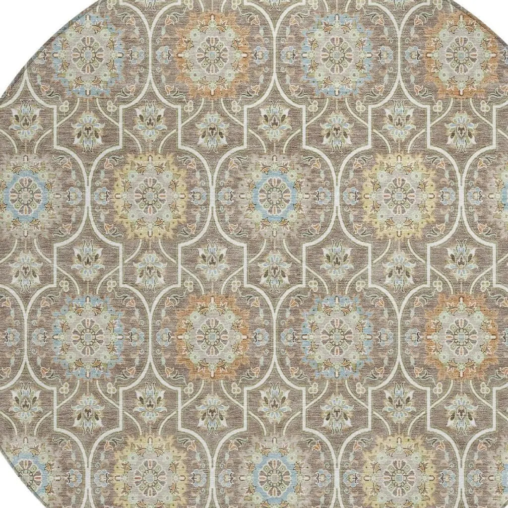 8' Taupe And Ivory Round Floral Medallion Washable Indoor Outdoor Area Rug Homeroots Outdoor