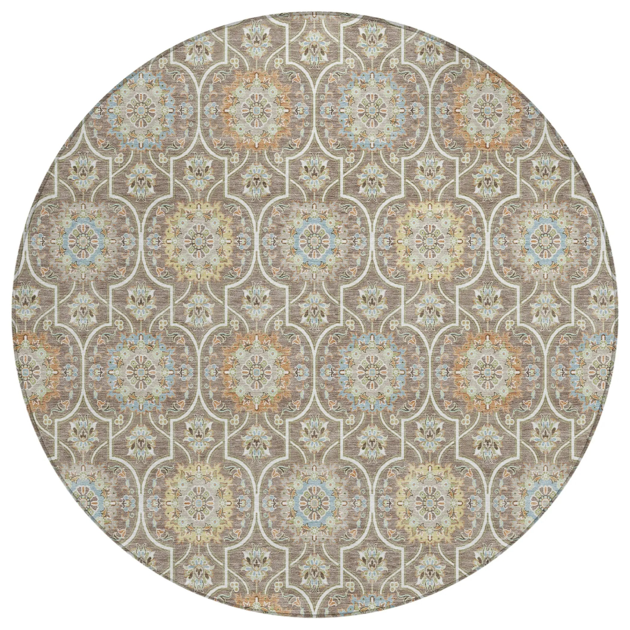 8' Taupe And Ivory Round Floral Medallion Washable Indoor Outdoor Area Rug Homeroots Outdoor