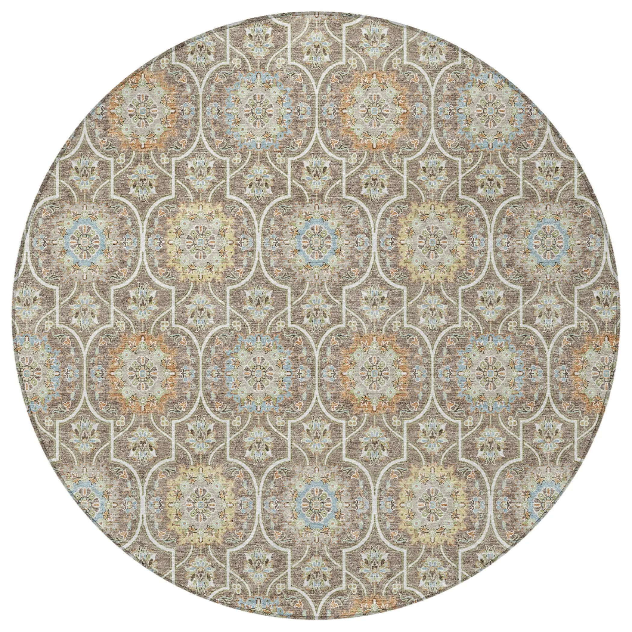 8' Taupe And Ivory Round Floral Medallion Washable Indoor Outdoor Area Rug Homeroots Outdoor