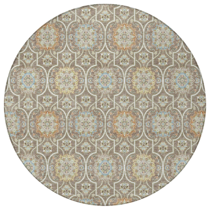 8' Taupe And Ivory Round Floral Medallion Washable Indoor Outdoor Area Rug Homeroots Outdoor