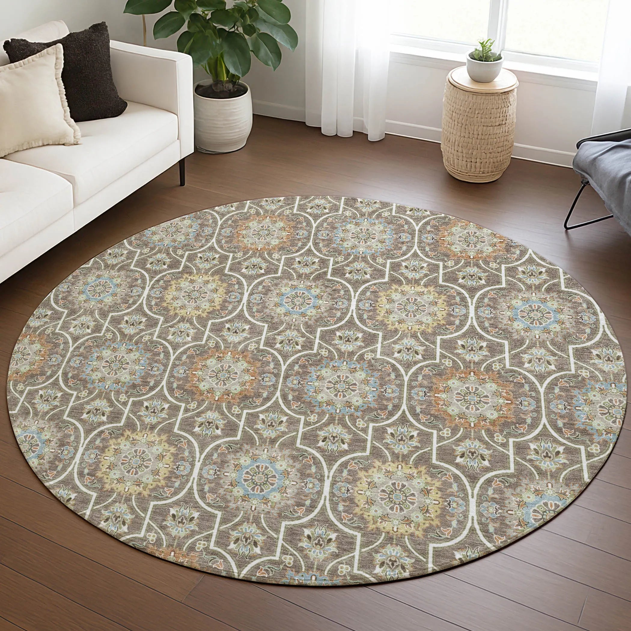 8' Taupe And Ivory Round Floral Medallion Washable Indoor Outdoor Area Rug Homeroots Outdoor