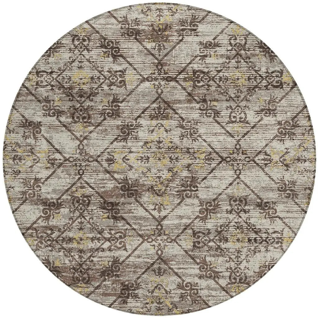 8' Taupe And Ivory Round Geometric Washable Indoor Outdoor Area Rug Homeroots Outdoor