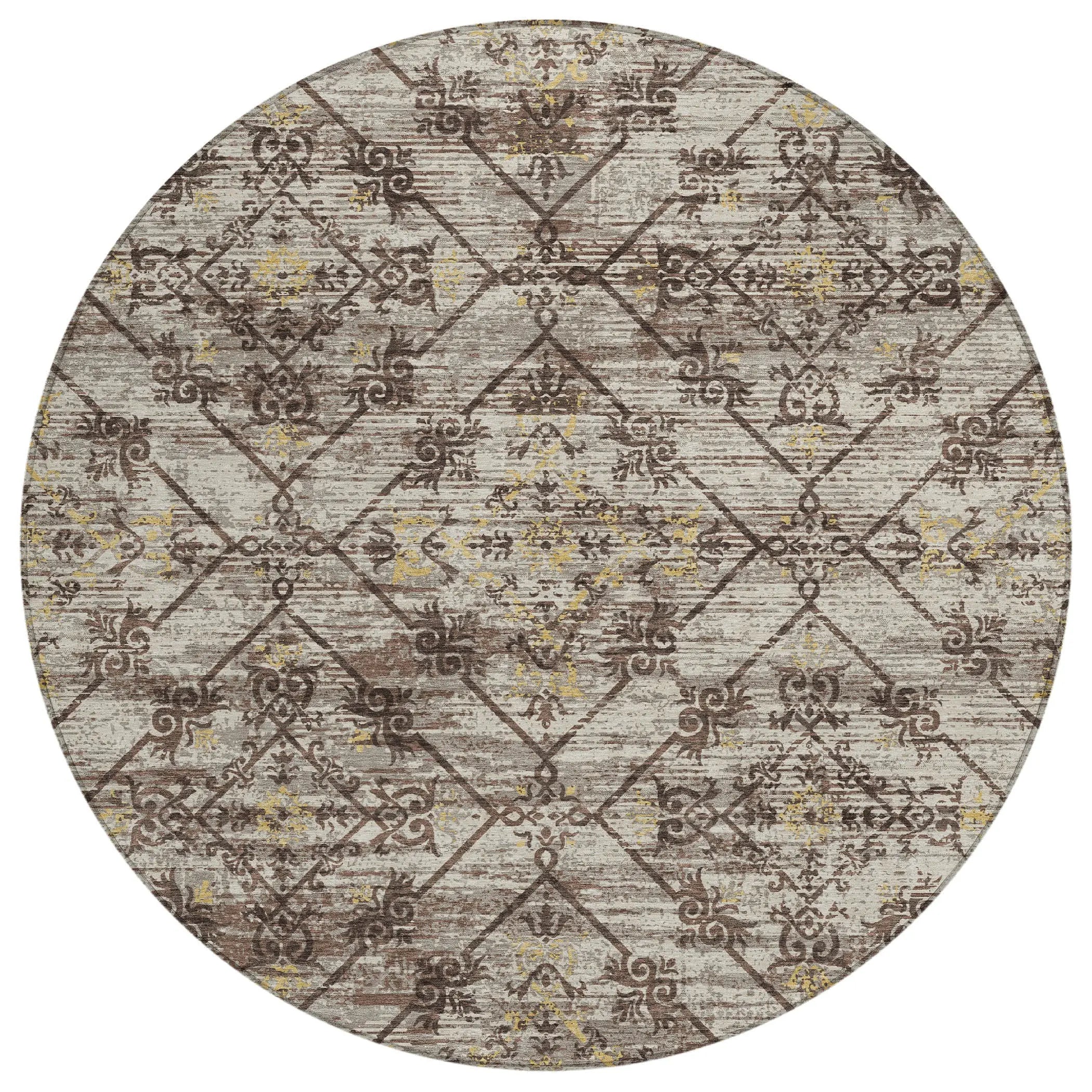 8' Taupe And Ivory Round Geometric Washable Indoor Outdoor Area Rug Homeroots Outdoor
