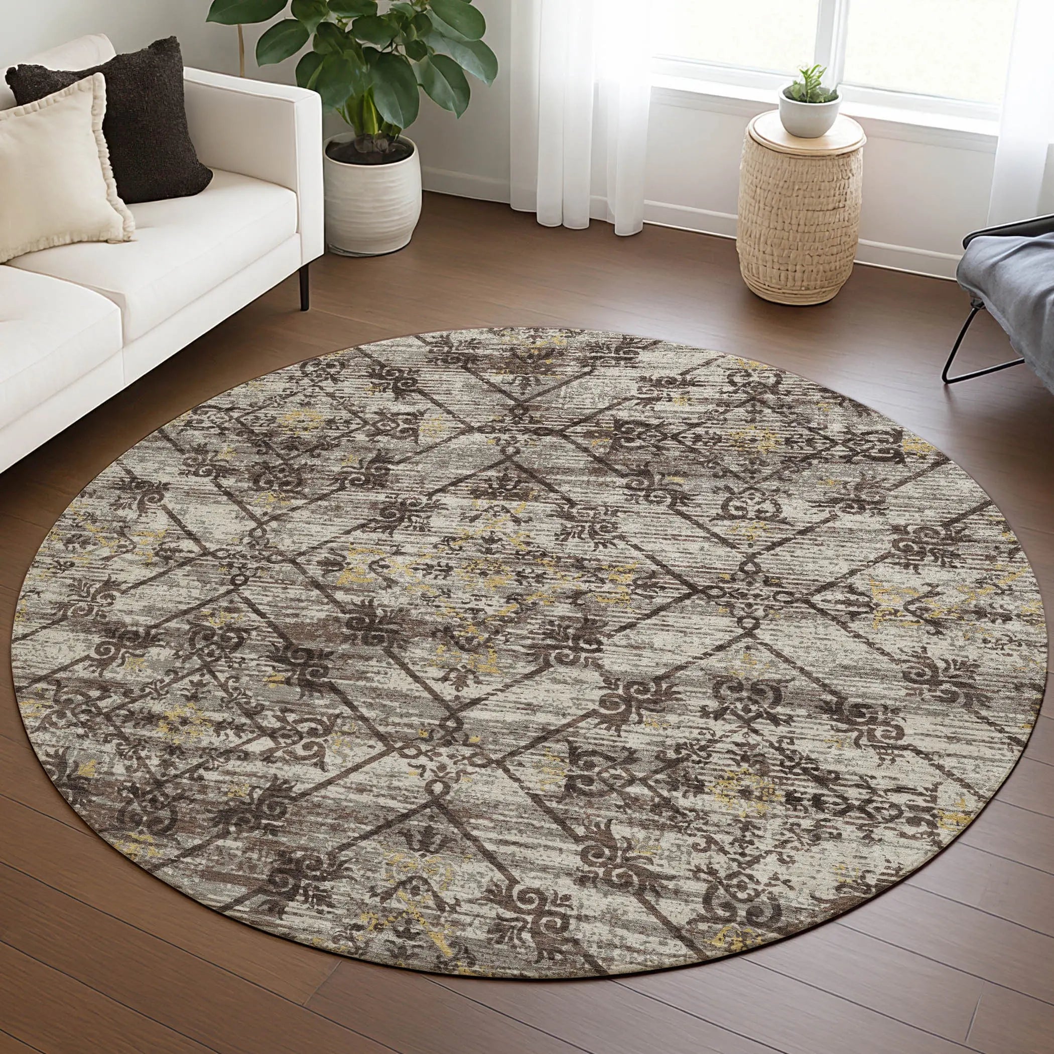 8' Taupe And Ivory Round Geometric Washable Indoor Outdoor Area Rug Homeroots Outdoor