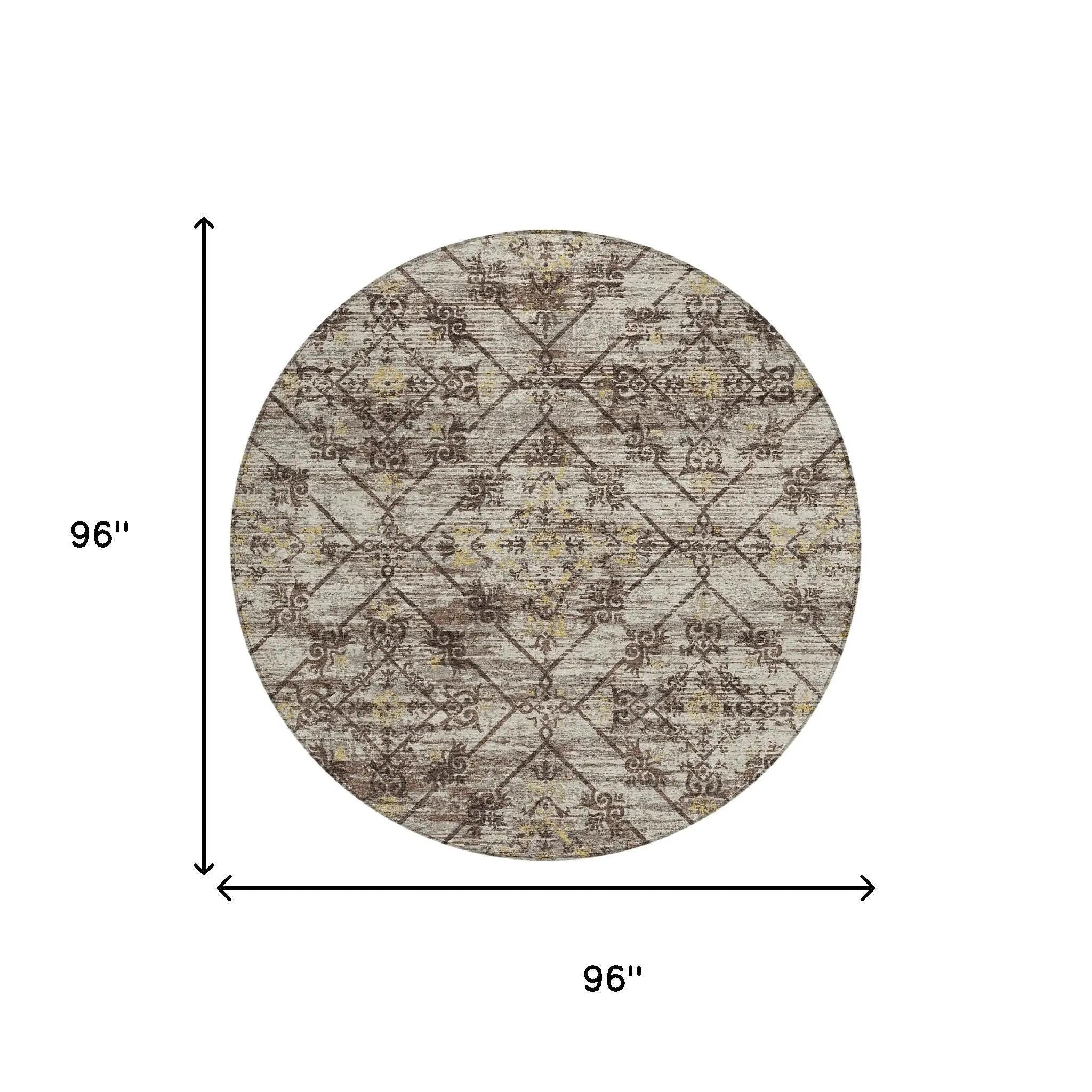 8' Taupe And Ivory Round Geometric Washable Indoor Outdoor Area Rug Homeroots Outdoor