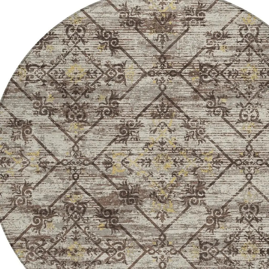 8' Taupe And Ivory Round Geometric Washable Indoor Outdoor Area Rug Homeroots Outdoor
