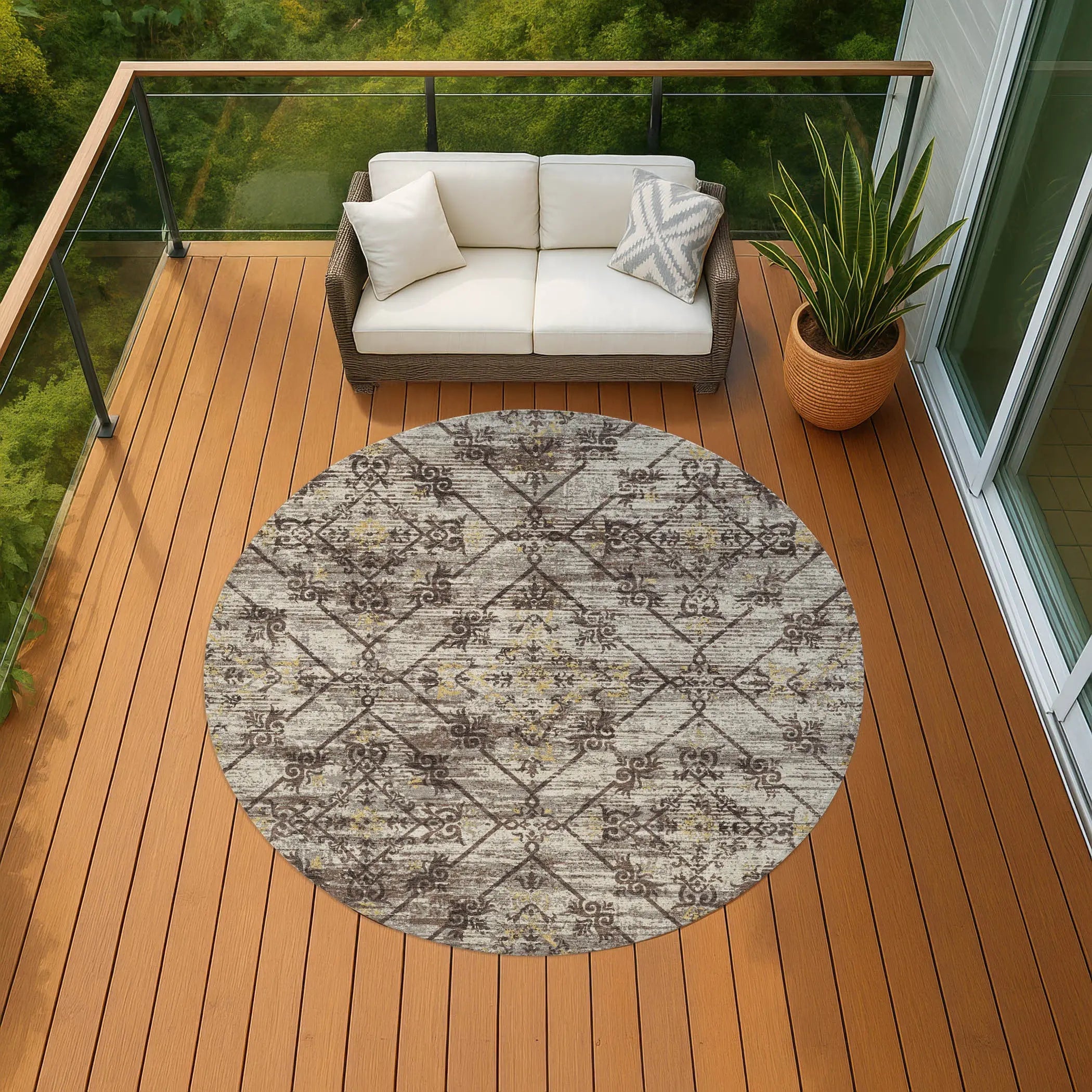 8' Taupe And Ivory Round Geometric Washable Indoor Outdoor Area Rug Homeroots Outdoor