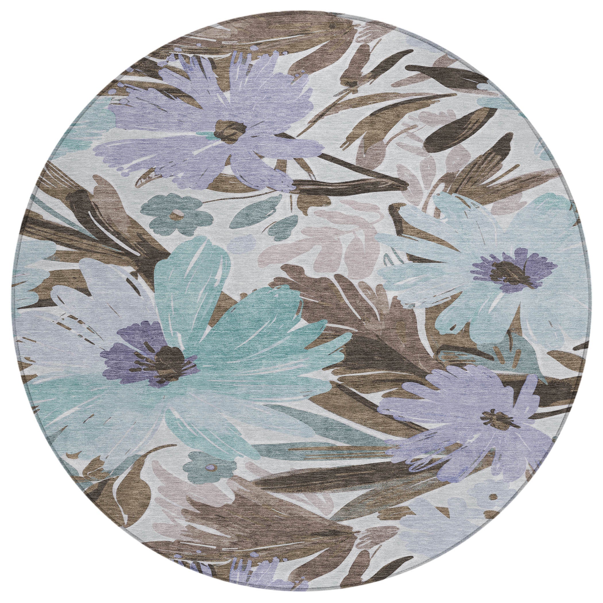 8' Taupe And Lilac Round Floral Washable Indoor Outdoor Area Rug Homeroots Outdoor