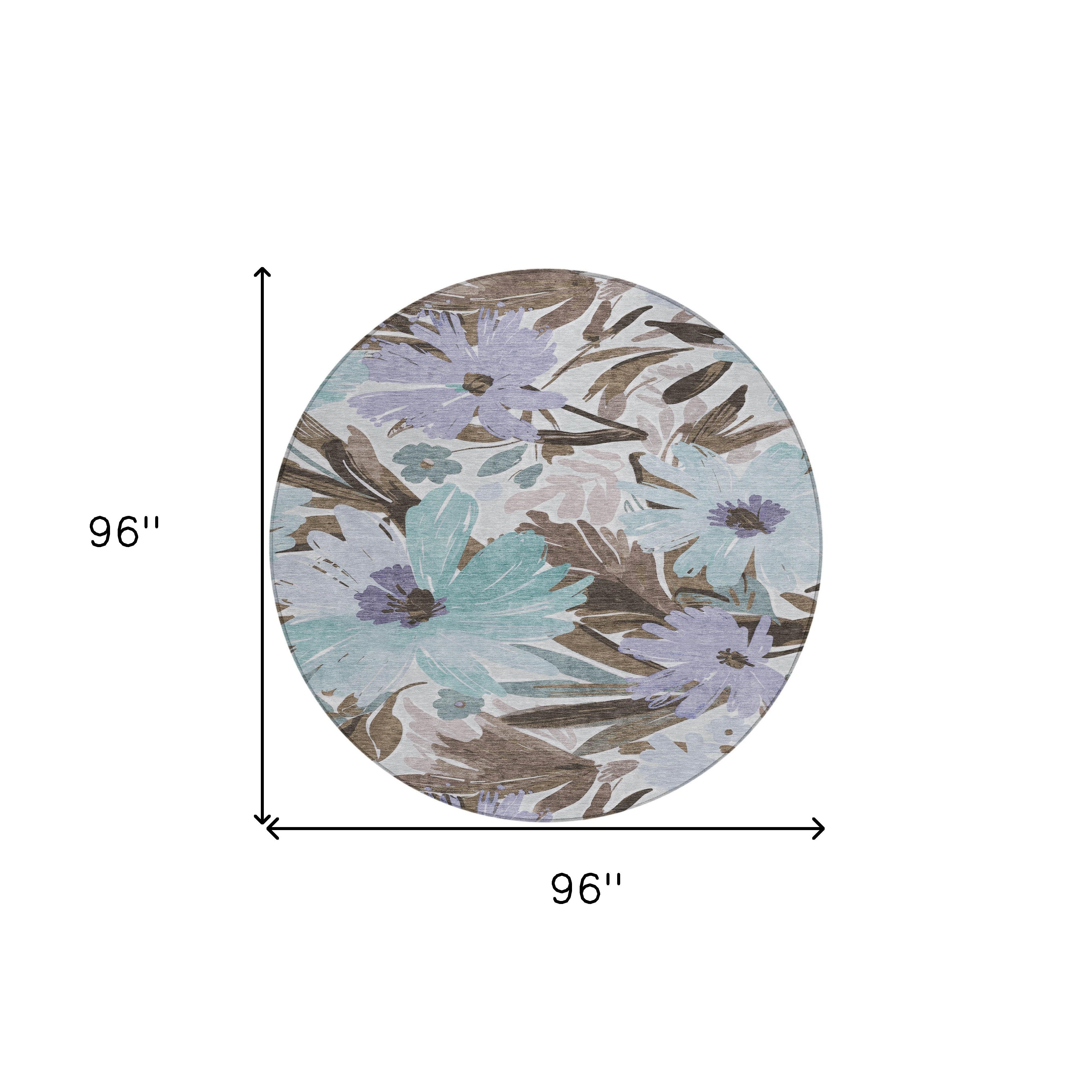 8' Taupe And Lilac Round Floral Washable Indoor Outdoor Area Rug Homeroots Outdoor