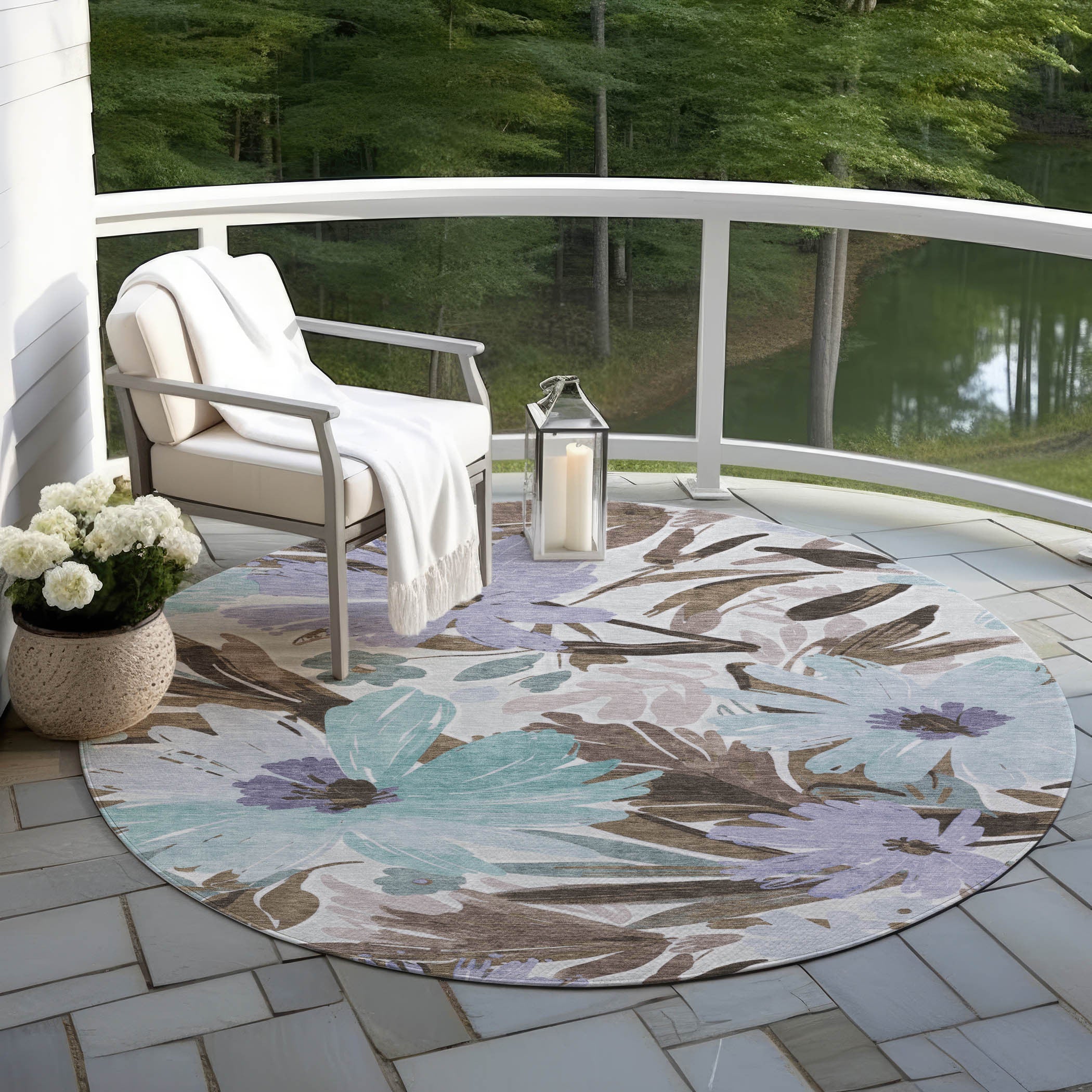 8' Taupe And Lilac Round Floral Washable Indoor Outdoor Area Rug Homeroots Outdoor