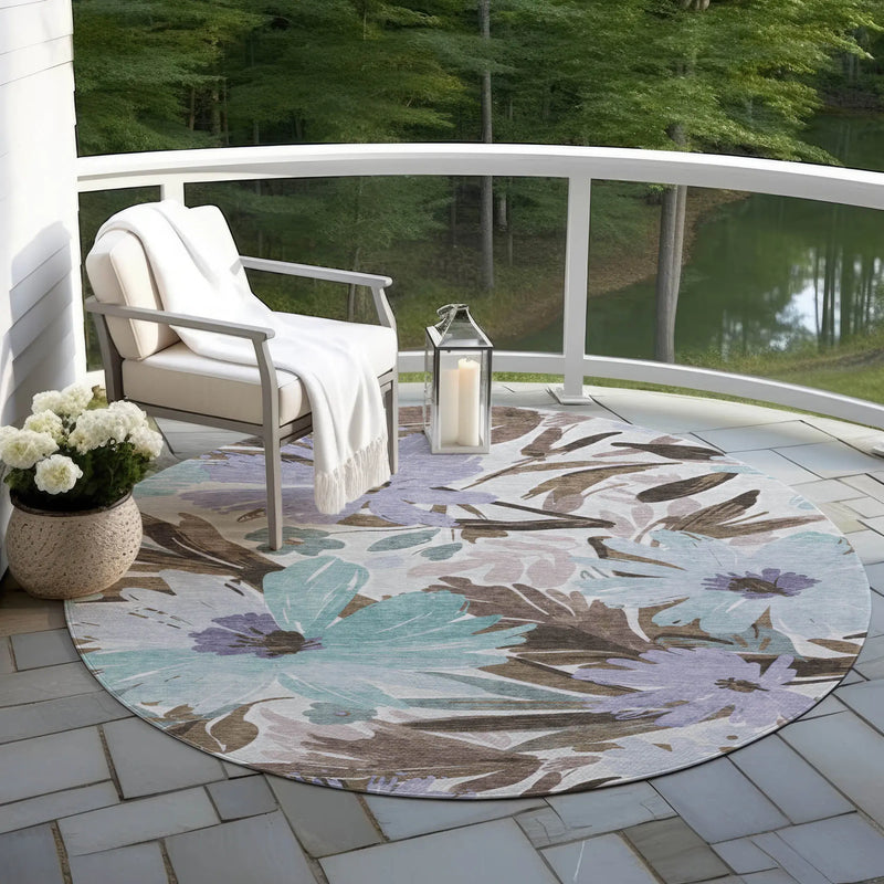 8' Taupe And Lilac Round Floral Washable Indoor Outdoor Area Rug Homeroots Outdoor