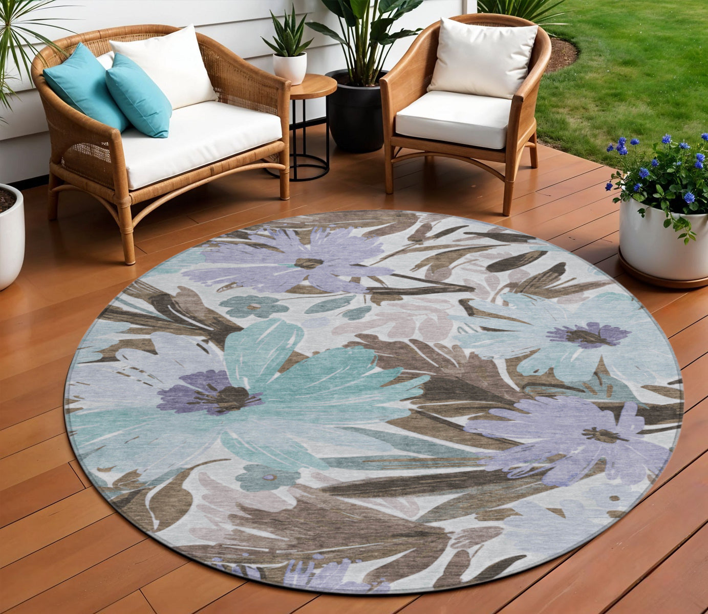 8' Taupe And Lilac Round Floral Washable Indoor Outdoor Area Rug Homeroots Outdoor