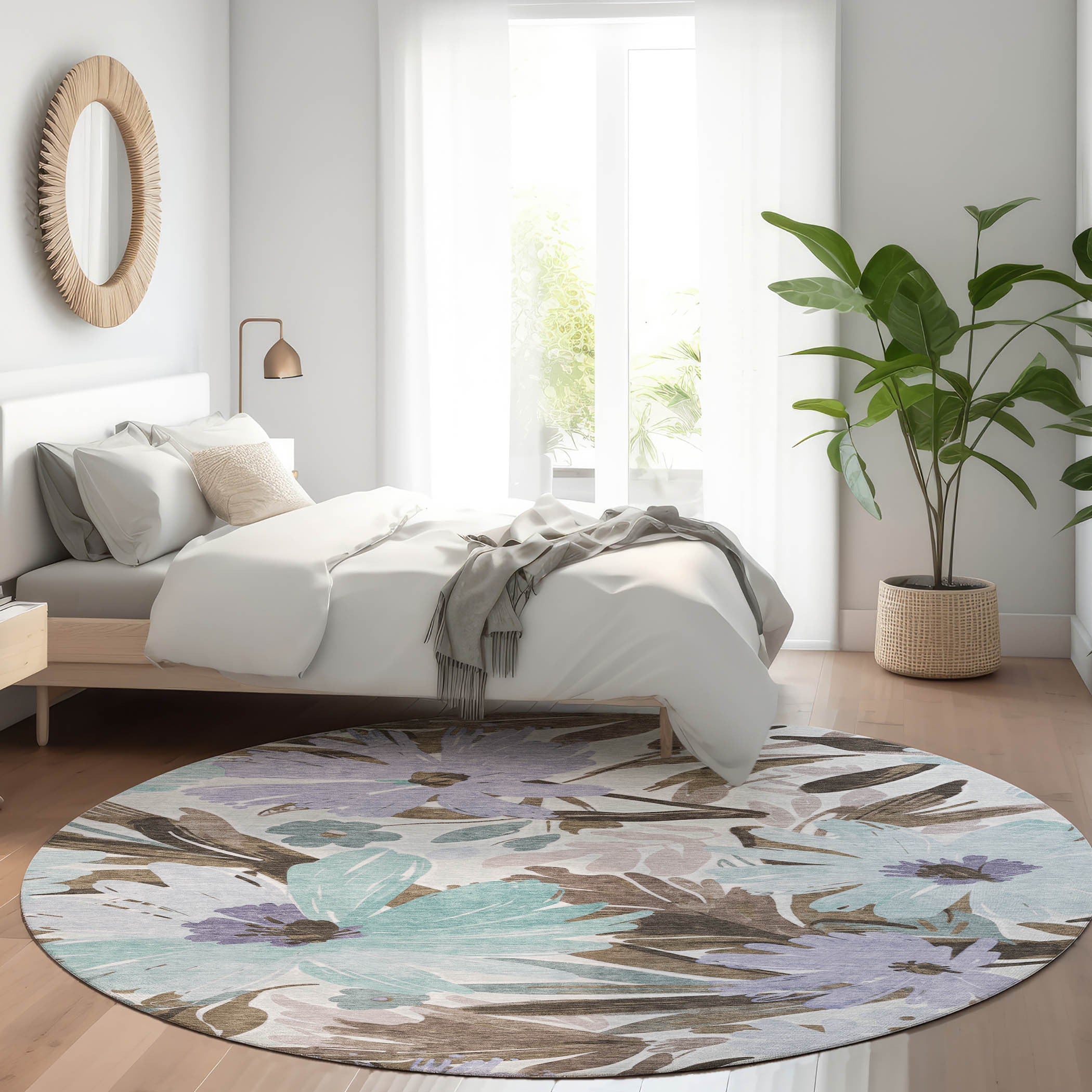 8' Taupe And Lilac Round Floral Washable Indoor Outdoor Area Rug Homeroots Outdoor