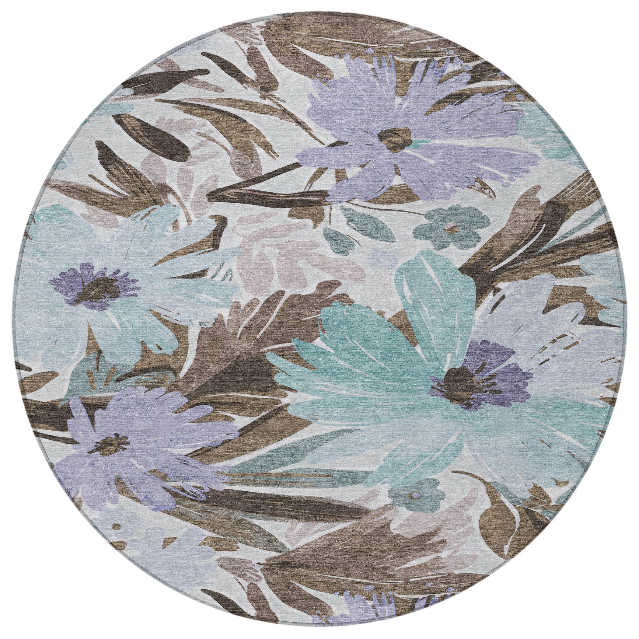 8' Taupe And Lilac Round Floral Washable Indoor Outdoor Area Rug Homeroots Outdoor
