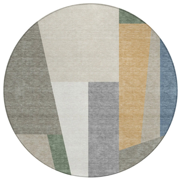8' Taupe And Olive Green Round Geometric Washable Indoor Outdoor Area Rug Homeroots Outdoor