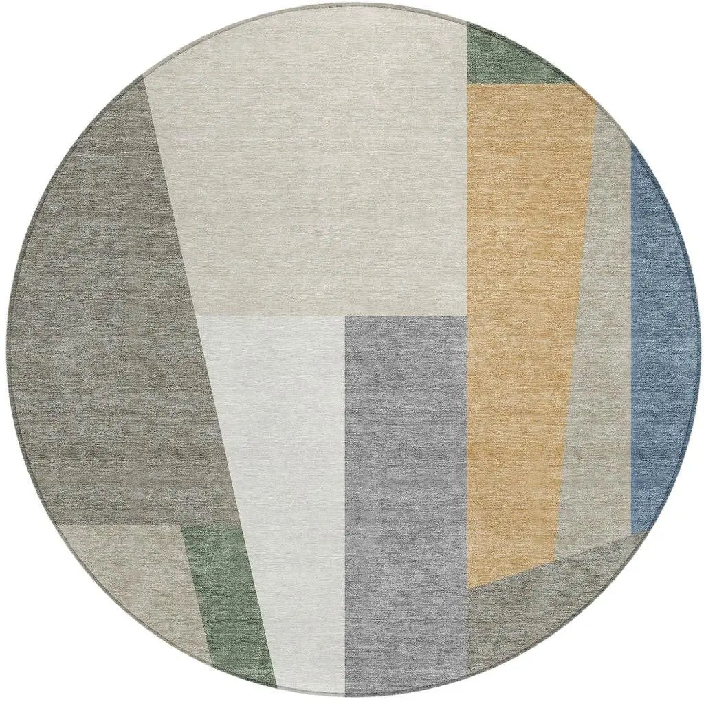 8' Taupe And Olive Green Round Geometric Washable Indoor Outdoor Area Rug Homeroots Outdoor