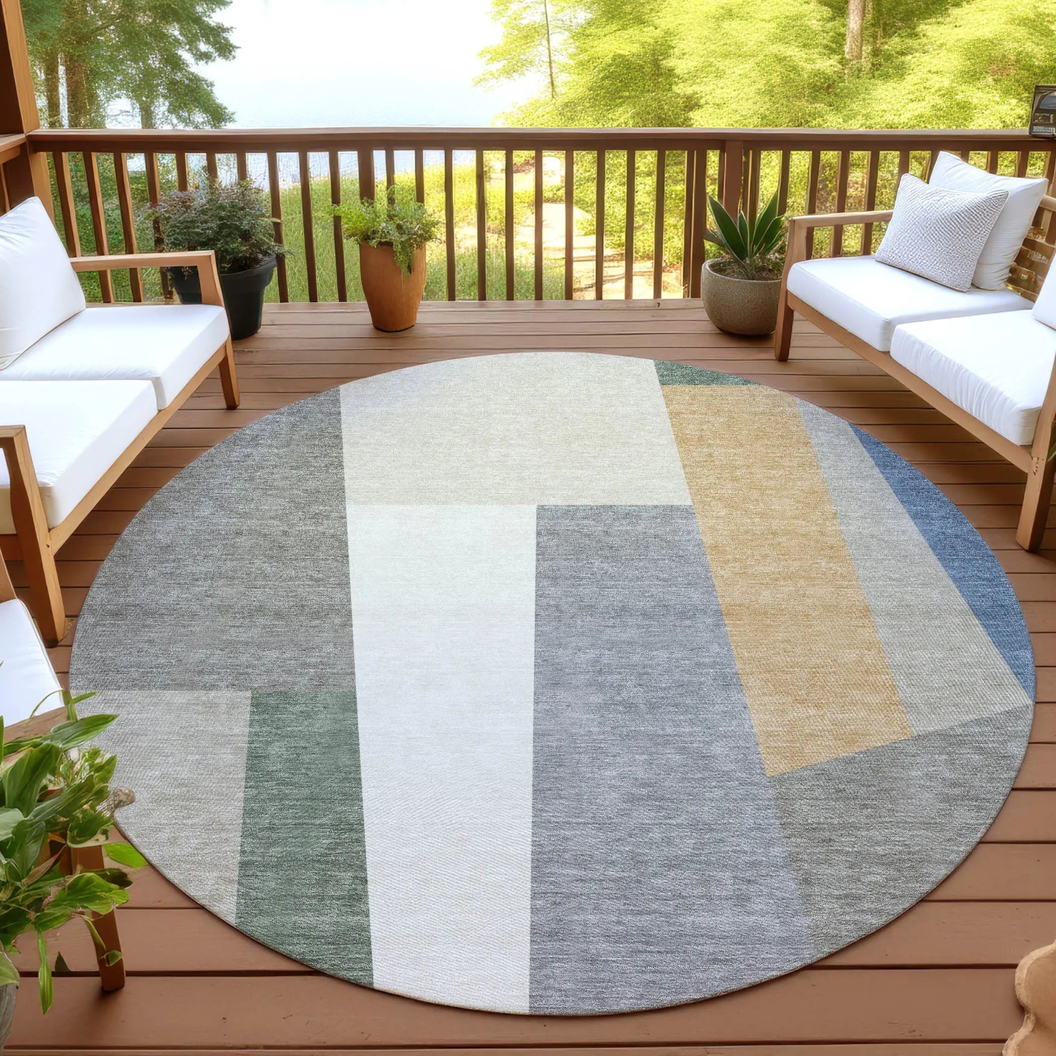 8' Taupe And Olive Green Round Geometric Washable Indoor Outdoor Area Rug Homeroots Outdoor