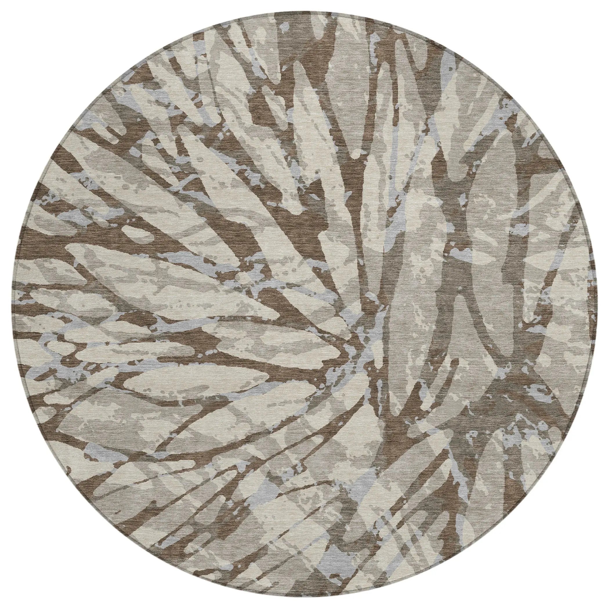 8' Taupe And Teal Blue Round Abstract Washable Indoor Outdoor Area Rug Homeroots Outdoor